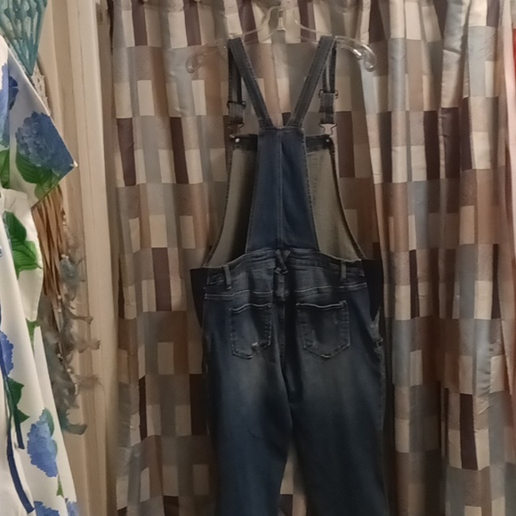 FINAL PRICE INDIGO BLUE cotton blue denim distressed overalls w elastic sides - Picture 13 of 16